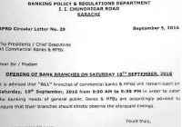 Opening of Bank Branches on Saturday 10th-Sept-2016