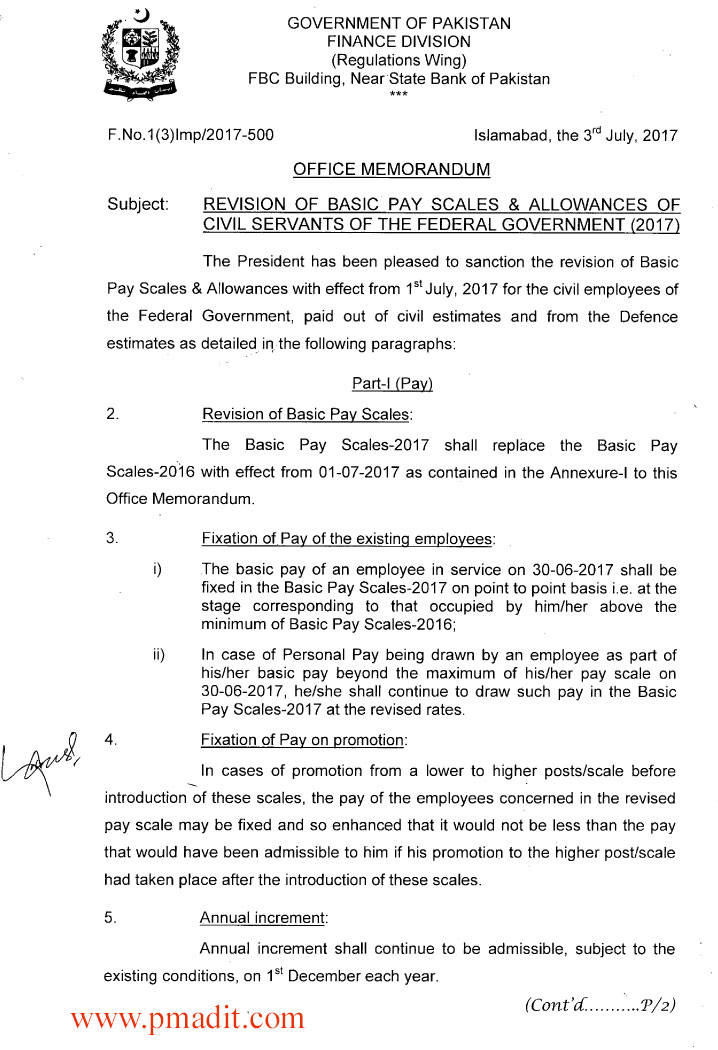 Revision Of Basic Pay Scales And Allowances Of Civil Servants Of The Federal Government 2017 