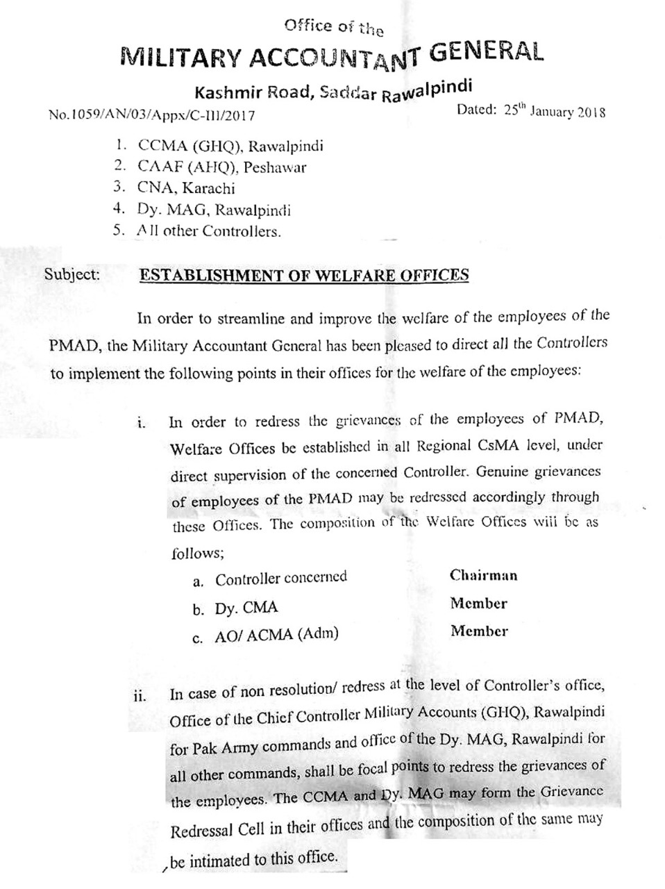 Illegally suspension of All Pakistan Military Accounts Employees